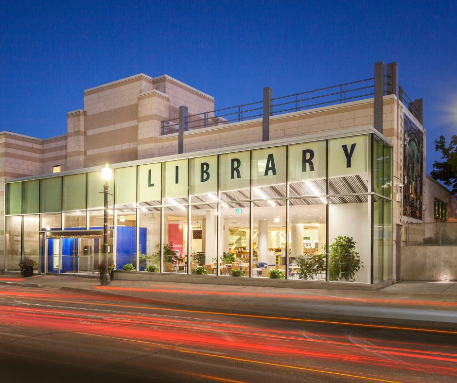 Modern Library exterior at dusk