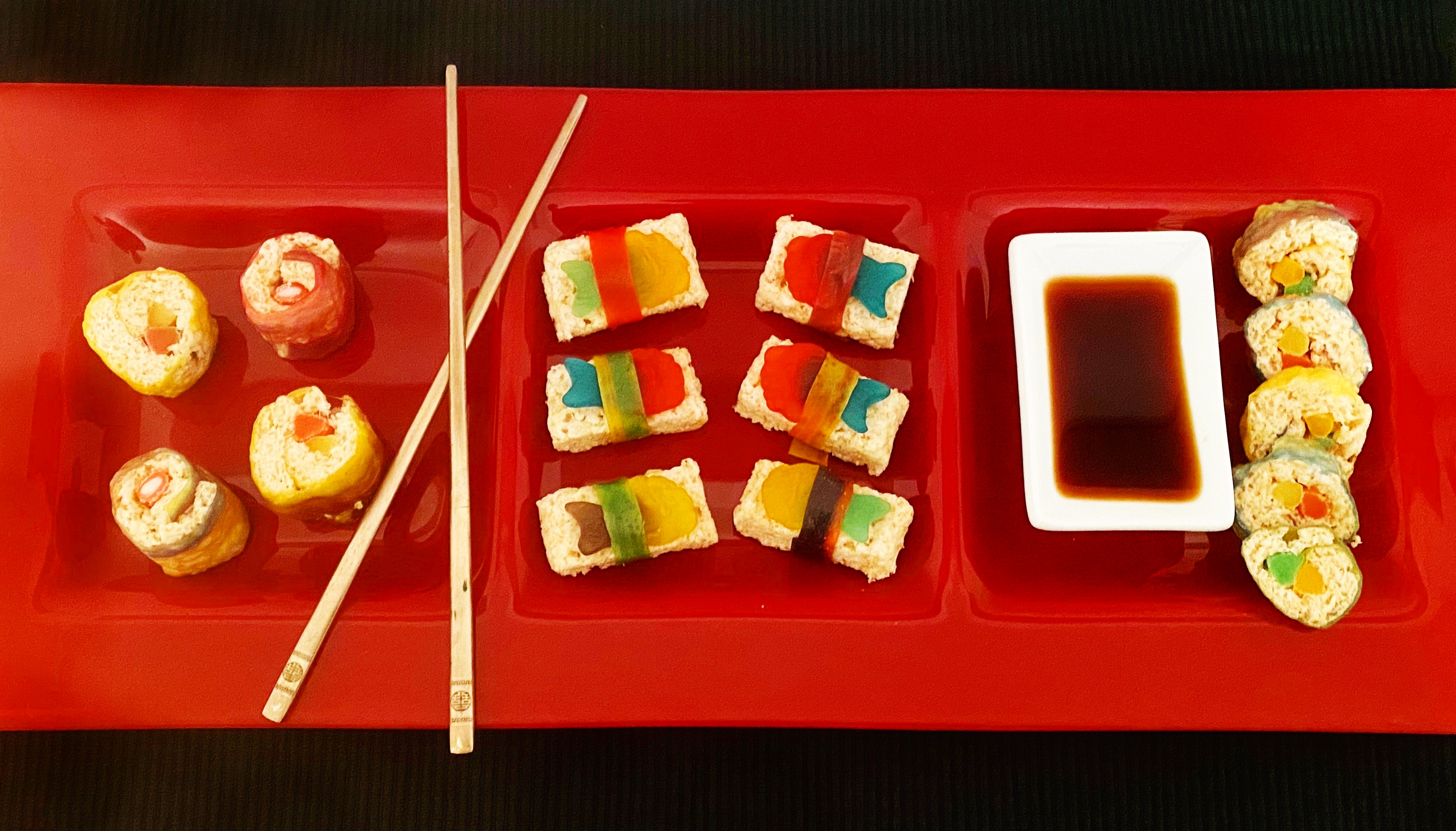 Platter of candy sushi