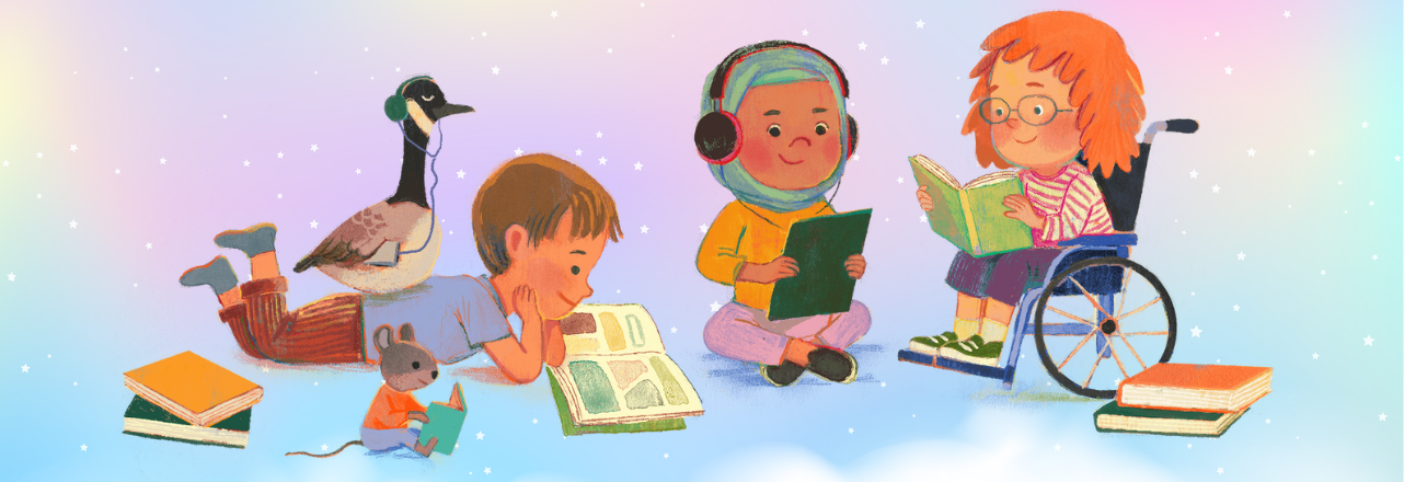 Cartoon image of three children reading