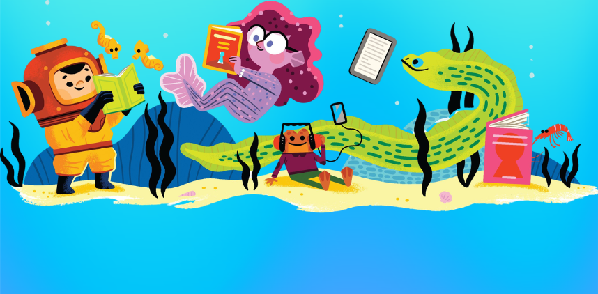 cartoon of people reading under water