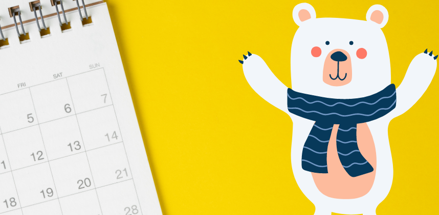 Cartoon Polar Bear standing next to calendar