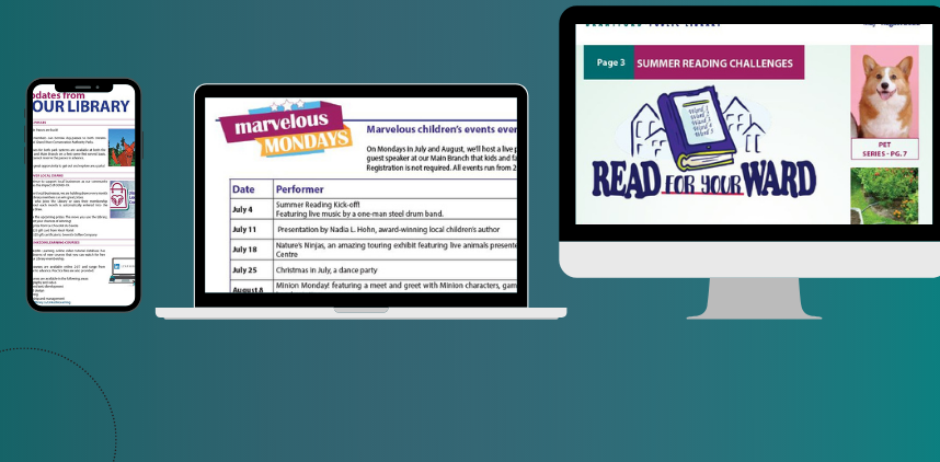 computer, phone and tablet showing library newsletter