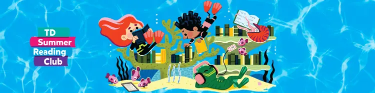 cartoon graphic of a boy and girl reading books in the ocean